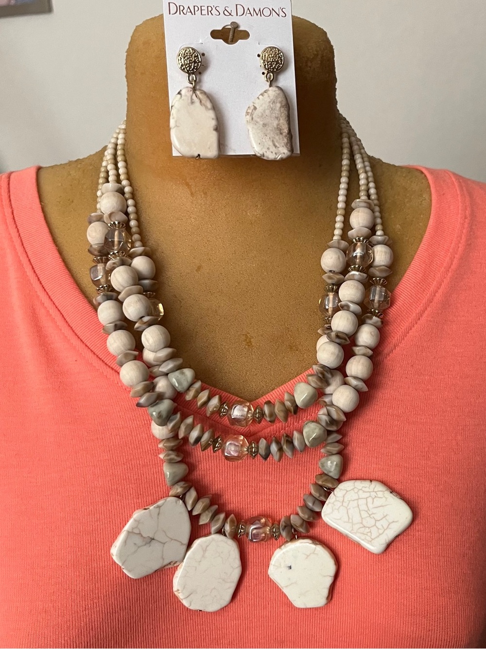 Draper's & Damon's Cream Multi-Strand Stone Necklace with Matching Earrings